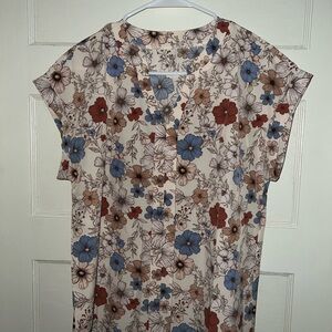 Floral V-Neck Cap Sleeve Top - Blue & Brown Floral